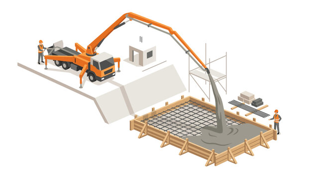 Isometric concrete pump truck pouring cement into a reinforced building foundation with construction workers on a white background