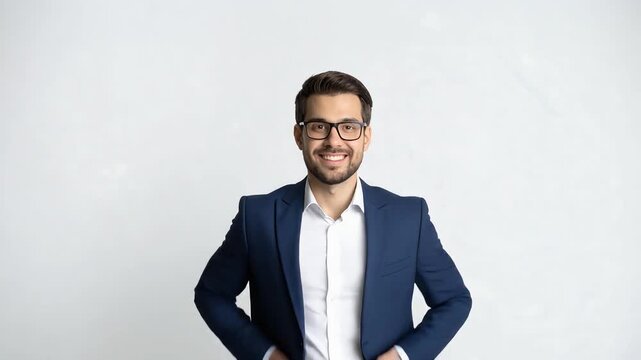 Businessman in suit raising index finger as idea gesture against clean studio background