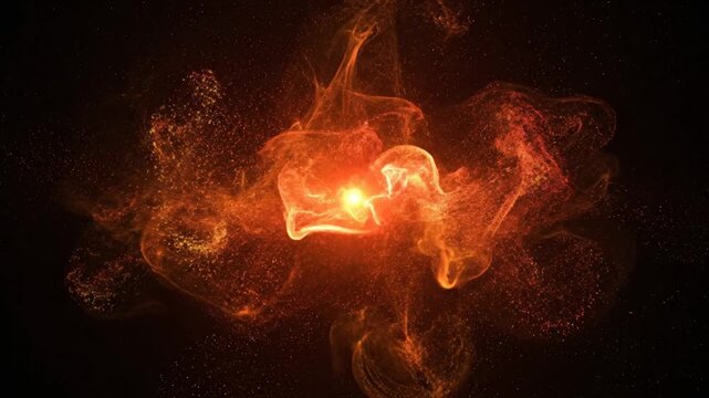 Vibrant orange and yellow flames with a bright glowing center against a dark background with smoke tendrils.