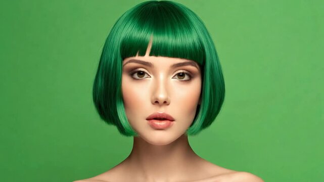 Side profile of woman with sharp green bob haircut looking left on flat green background forming elegant studio beauty wallpaper
