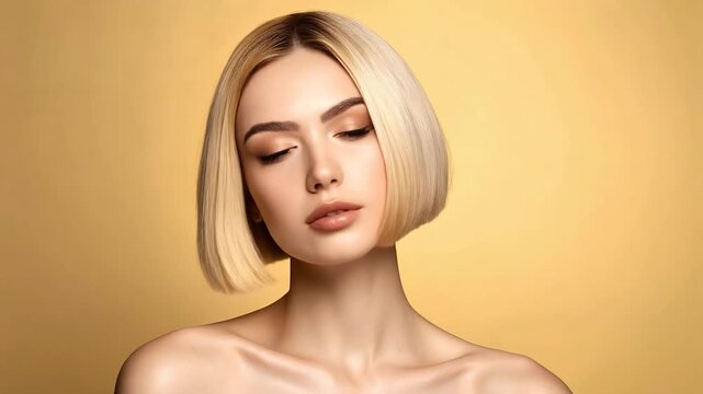 Side profile blonde bob haircut woman on yellow background creating clean studio beauty wallpaper portrait