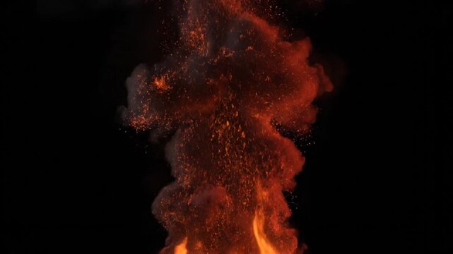 A close-up shot of a large, fiery blaze with orange flames and smoke against a dark background.