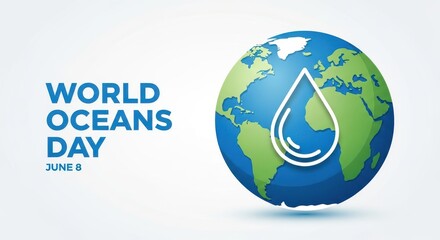 Fototapeta premium World oceans day banner with a globe and a water drop icon on a light background