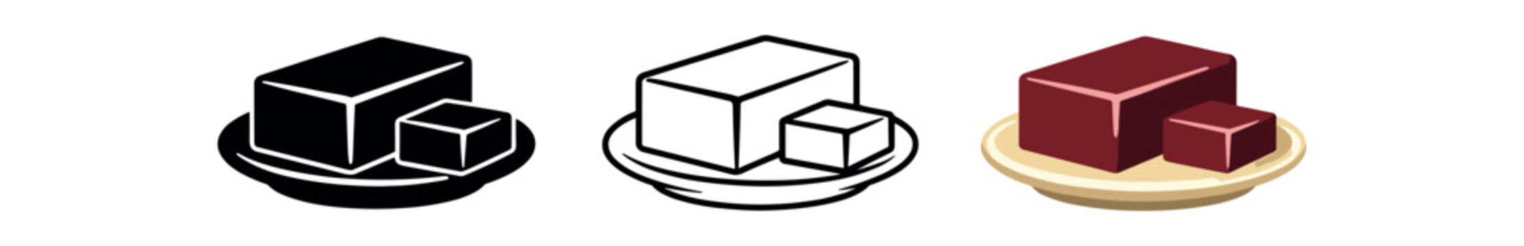 Three simple icons showing rectangular butter blocks on a round plate in solid, outline, and colored styles &mdash; a versatile set for food packaging, labels, menus, and ui.