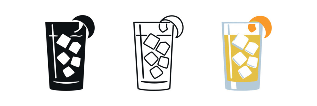 Three icon styles of a tall highball glass filled with yellow-orange liquid, ice cubes and an orange wedge 