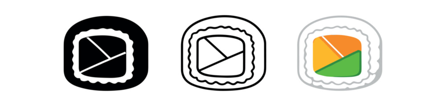 A square-style sushi roll icon showing a triangular salmon slice and avocado wedge inside rice and nori &mdash; created for clean menu, label or ui icon use.