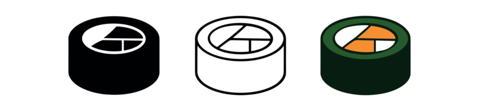 Three flat vector icons of a hosomaki (thin maki) roll showing a triangular filling of egg and vegetable, presented in solid, outline, and colored versions for menus and ui.