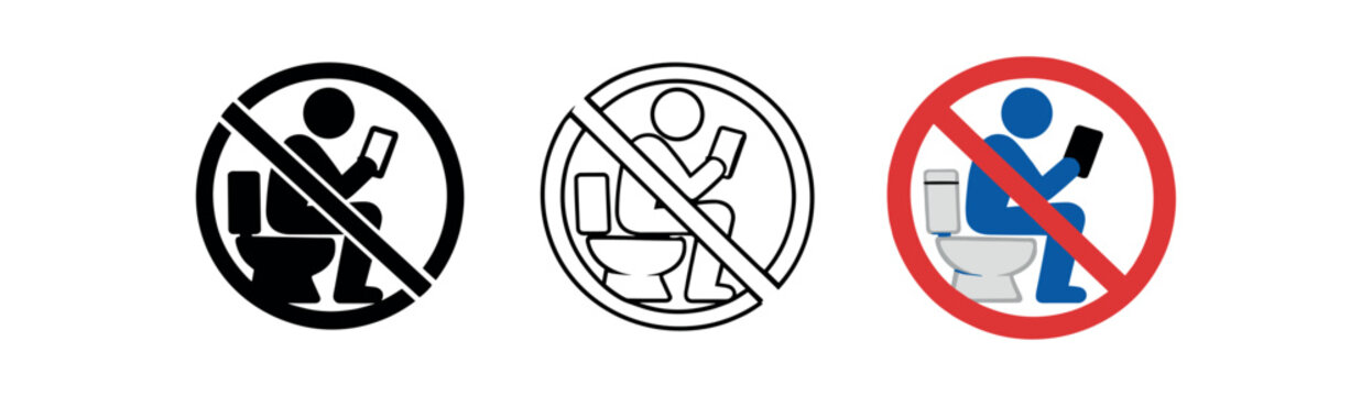 Three prohibition symbols showing a person sitting on a toilet using a phone with a red circle slash, presented as solid, outline, and colored versions for signs and warnings.