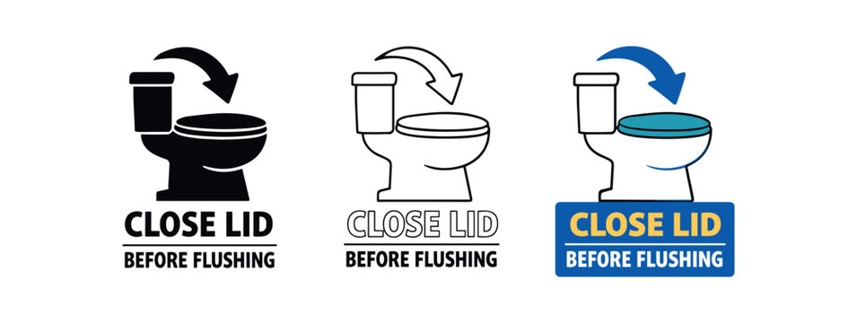Three instructional icons showing a toilet with an arrow pointing down to the lid and the text instruction "close lid before flushing" in solid, outline, and colored badge styles for hygiene posters.
