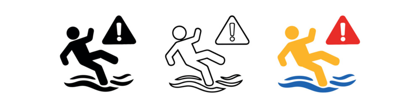 Three caution icons of a person slipping over a puddle with an exclamation caution symbol, shown in solid, outline, and colored styles for wet floor warnings and safety decals.
