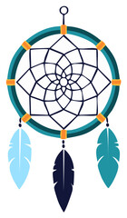 Fototapeta premium Stylized dreamcatcher illustration featuring an intricate web and colorful feathers bohemian decor artwork