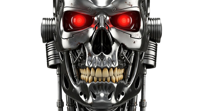 a menacing cybernetic robot head with glowing red eyes embodying artificial intelligence and science fiction isolated on white