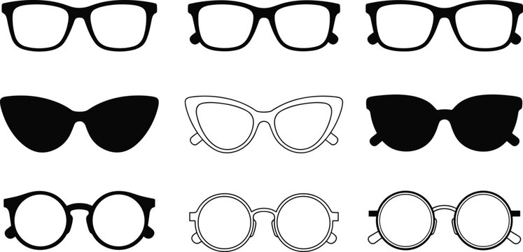 Vector set of isolated black and white round and cat eye glasses icons in flat style on a white background
