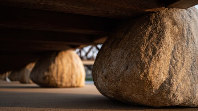 Massive stone counterweights of an old drawbridge in golden hour light. real-estate listings.