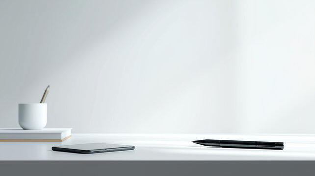 白いデスクにスマートフォンとペンを配置したミニマルでクリーンな背景素材