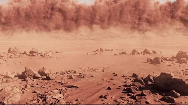 Dramatic haboob sandstorm with red dust in desert landscape