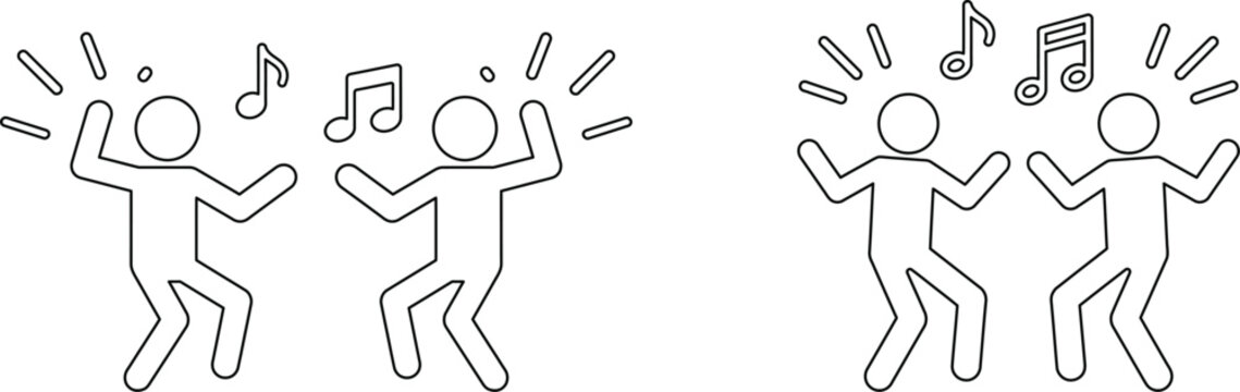 stick figures dancing to music with notes and energetic movements on white background