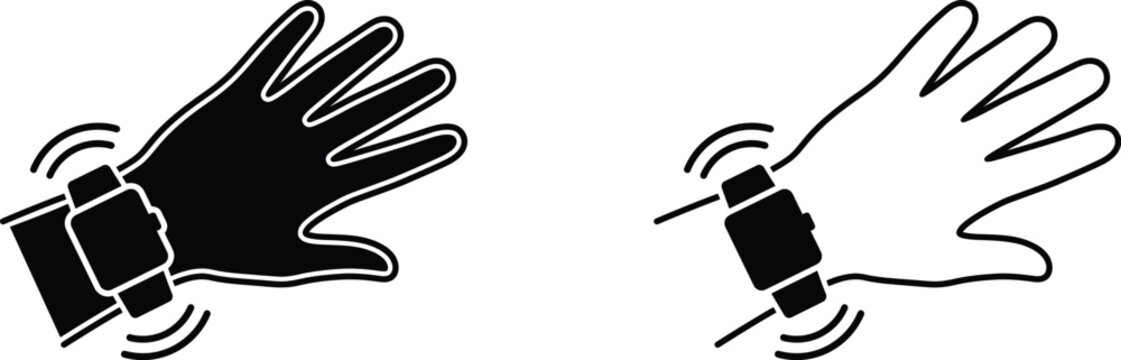 Smartwatch vibrating on hand vector icons, Wearable device alert notification silhouette graphics, Wristband fitness tracker buzzing outline pictograms
