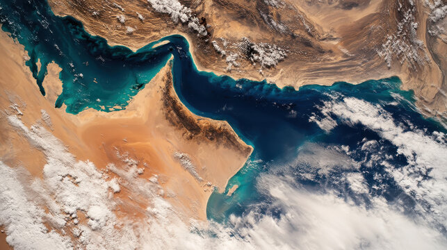 Aerial satellite view of the Strait of Hormuz, Middle East oil trade chokepoint