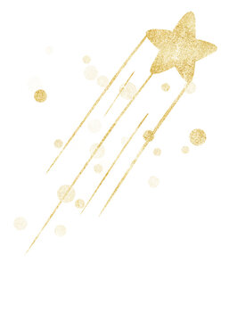 Golden glitter shooting star with long sparkle trail isolated on transparent background, luxury festive design element