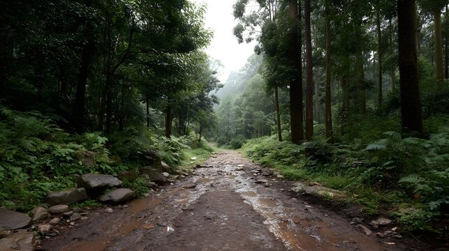 A muddy forest path winds through dense green trees under an overcast sky inviting explo n