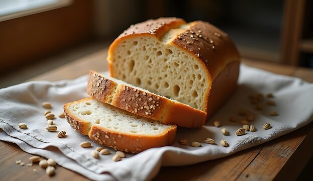 Freshly baked artisan bread on a wooden table with wheat ears, rustic style.