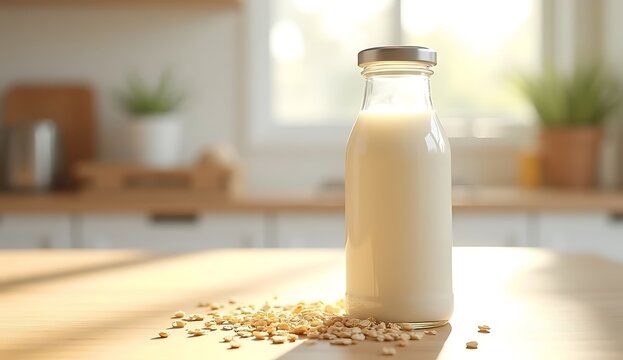 Fresh milk in glass bottles with oats on a wooden table, rustic breakfast concept.