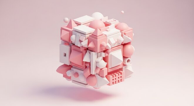 Pink and white 3 D geometric shapes forming a cube structure background wallpaper poster banner download 2026 2027