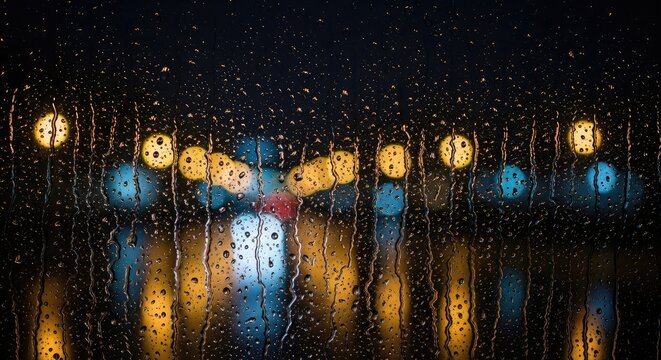Raindrops on windowpane with blurred city lights at night background wallpaper poster banner download 2026 2027