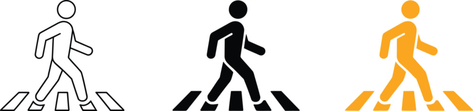 Pedestrian crossing icons in black outline solid black and orange on transparent background