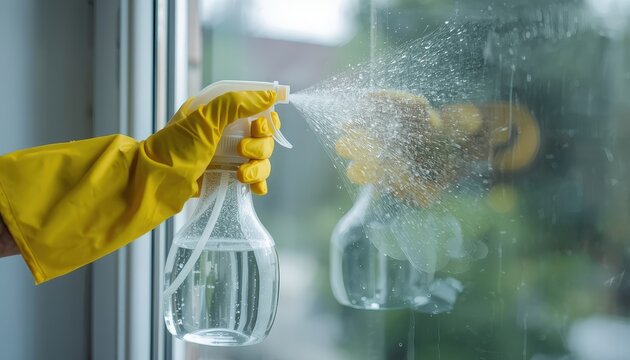 Hand in yellow glove spraying cleaning solution on window glass. Closeup of household disinfection and hygiene routine. Concept of cleanliness, sanitation and home maintenance