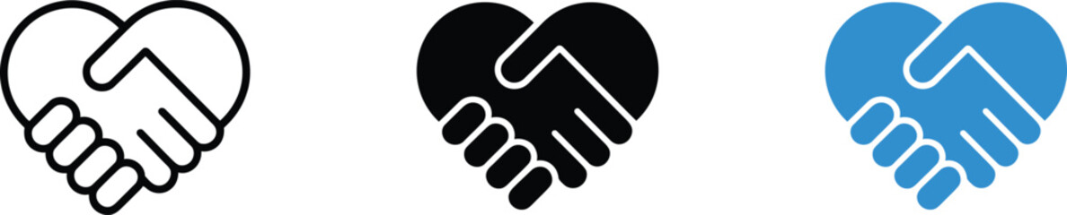 Fototapeta premium Heart handshake icons black outline solid black and blue purple on transparent background