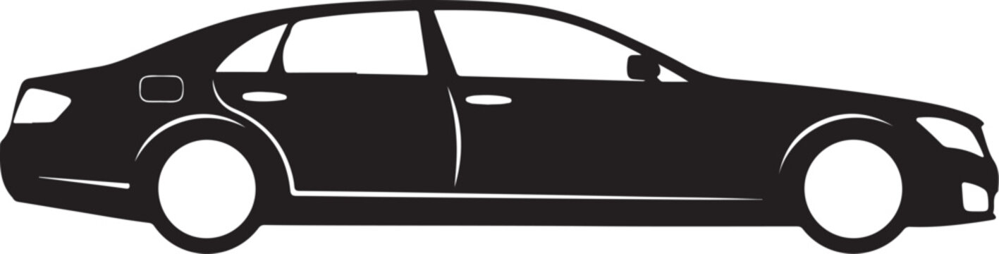Black car silhouette, sedan vehicle icon, automotive graphic, transportation symbol