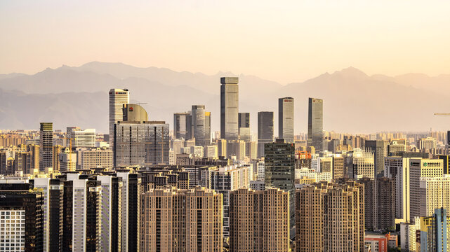 Xi'an High-Tech District Skyline at Golden Hour with Mountain Range