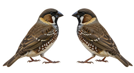Fototapeta premium Two brown and yellow birds standing face to face