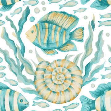 Watercolor Sea Ocean Tropical Fish Seashell Nautilus Coral Seamless Pattern Marine Summer Background