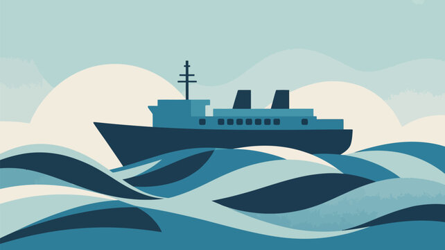 A dark blue ship sailing on stylized teal and white ocean waves