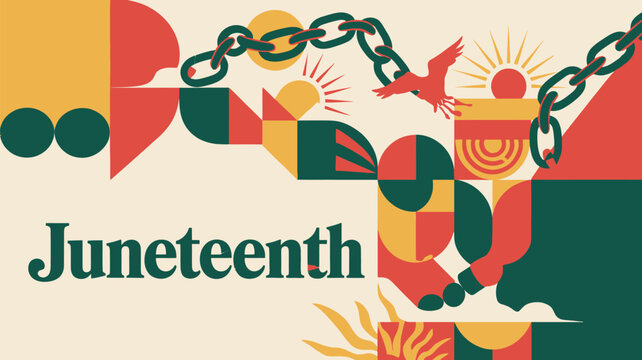 Juneteenth celebration with abstract shapes a broken chain and a bird in flight