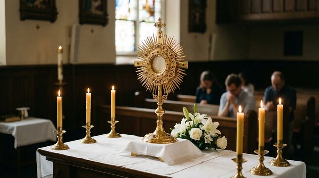 Golden monstrance with candles on altar in church, Eucharistic adoration scene with soft light and praying people