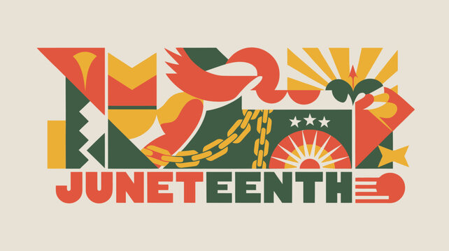 Juneteenth emblem featuring a bird broken chains and a radiant sunburst design