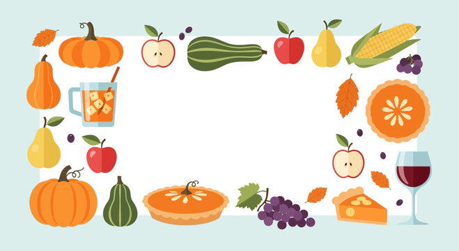 Autumn Harvest Fruits Vegetables and Drinks Border.