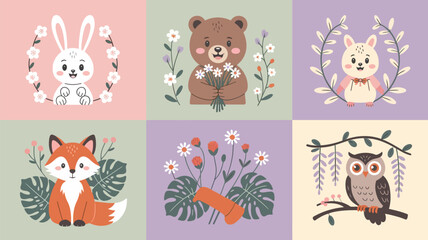 Obraz premium Charming animal illustrations with floral wreaths and botanical elements in pastel shades