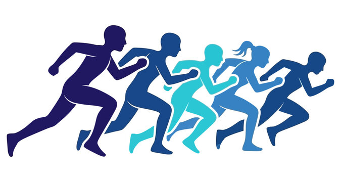 Athletes Running Race Diverse Group Silhouette Motion Dynamic Blue Tones Graphic Design