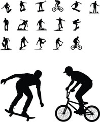 Obraz premium Collection of black silhouettes of skateboarders and BMX bikers performing tricks, dynamic extreme sports illustration, energetic modern artwork design