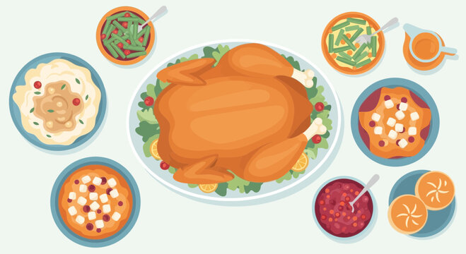 Delicious Roasted Turkey Dinner Feast with Side Dishes.