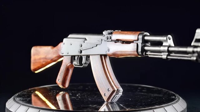 AK 47 Assault Rifle with Classic Wooden Finish on Reflective Stand