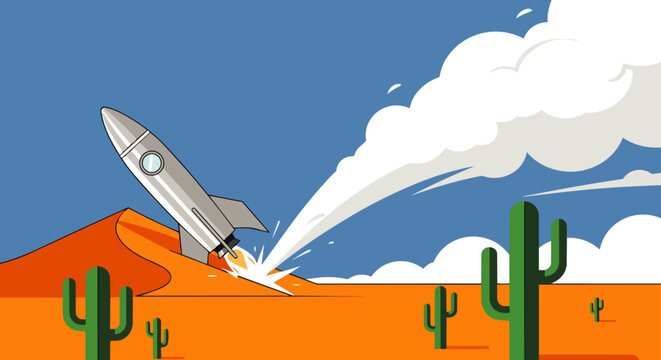 a cartoon rocket crash lands in a desert landscape depicting a failed mission technology problem or startup setback.