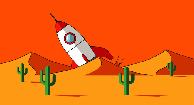 a cartoon rocket crash lands into a large sand dune in a vast desert with cacti symbolizing an unexpected mission failure.