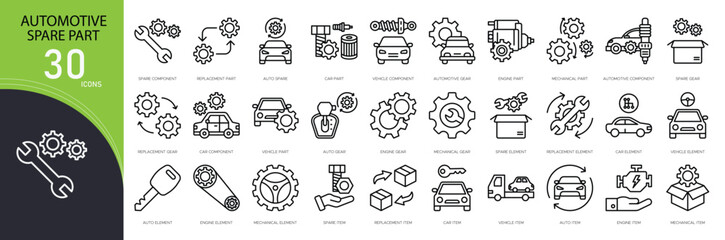 Fototapeta premium Automotive spare parts icons set representing engine parts, tires, brake, battery, tools, repair, maintenance, vehicle components and auto service in clean outline style.