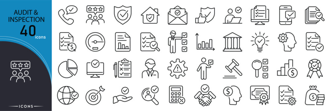 Audit inspection icons set representing checking, verification, compliance, quality control, review, reporting, checklist and evaluation processes in clean outline style.